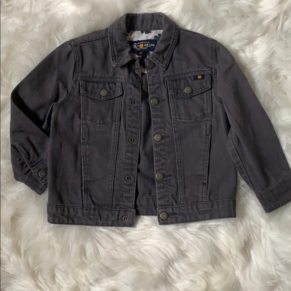 Gray Lucky brand snap button cotton denim jacket.
